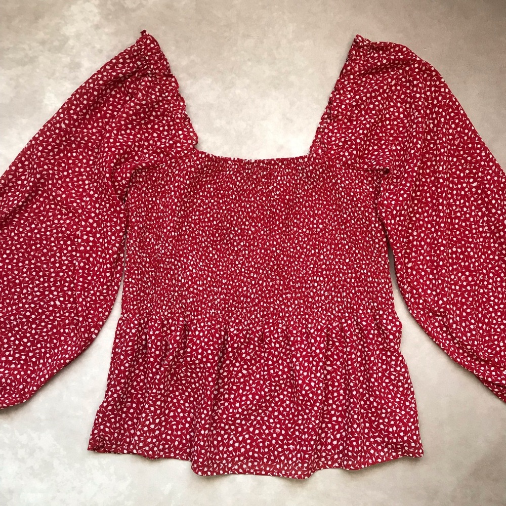 Madewell Cottagecore Gingham Red Off Shoulder Smocked Wide Sleeve Blouse Top 6